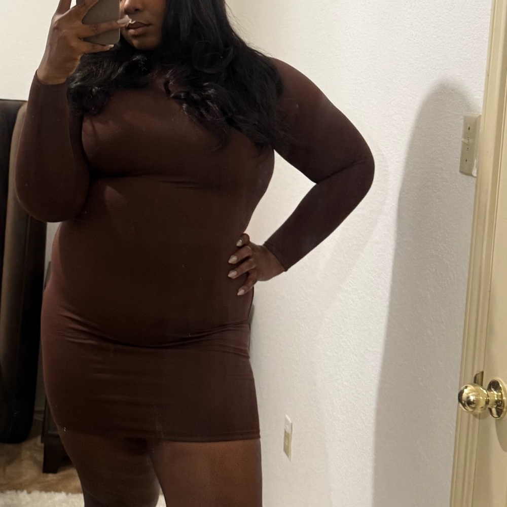 Naked Wardrobe Chocolate‎ Brown Mock Neck SCULPT MINI DRESS CURVE
